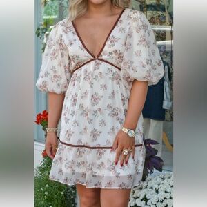 Pink Lily Cream and Brown Puff Sleeve Sundress